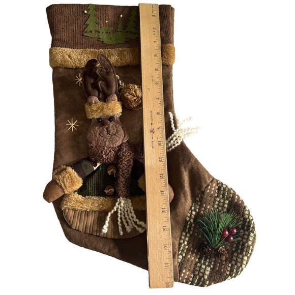 Rustic Christmas Stocking 3D Plush Reindeer Moose Trees Stars & Evergreen Decor - Picture 4 of 10